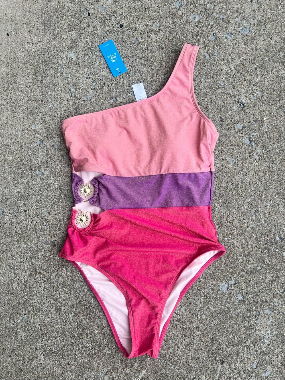 Women metallic pin One-Shoulder Colorblock Swimsuit in Pink, Purple and Hot Pink